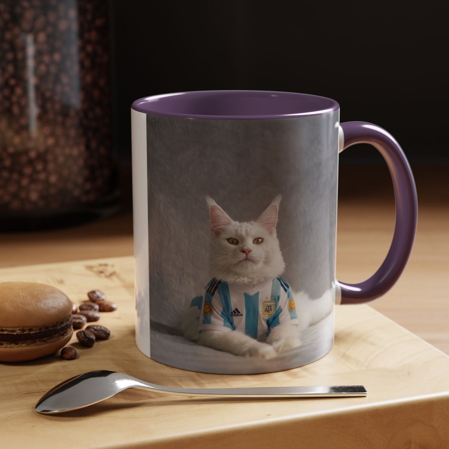 Cat in Argentina Soccer Jersey Mug, Funny White Cat Coffee Mug, Argentina Football Fan Gift, Cute Cat Lover Gift, Soccer Fan Ceramic Mug