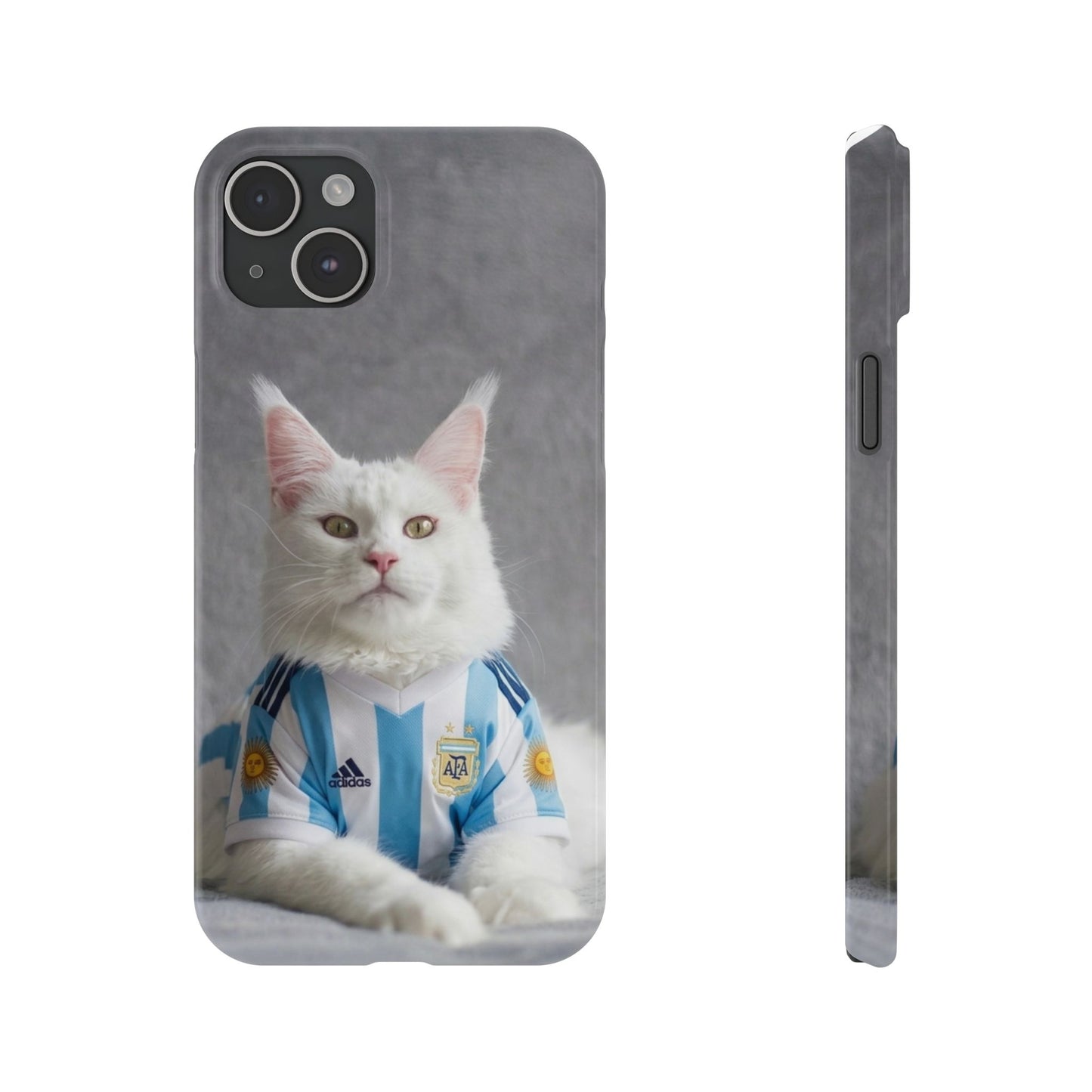 White Cat in Argentina Soccer Jersey Slim Phone Case | Cute Pet Sports Design