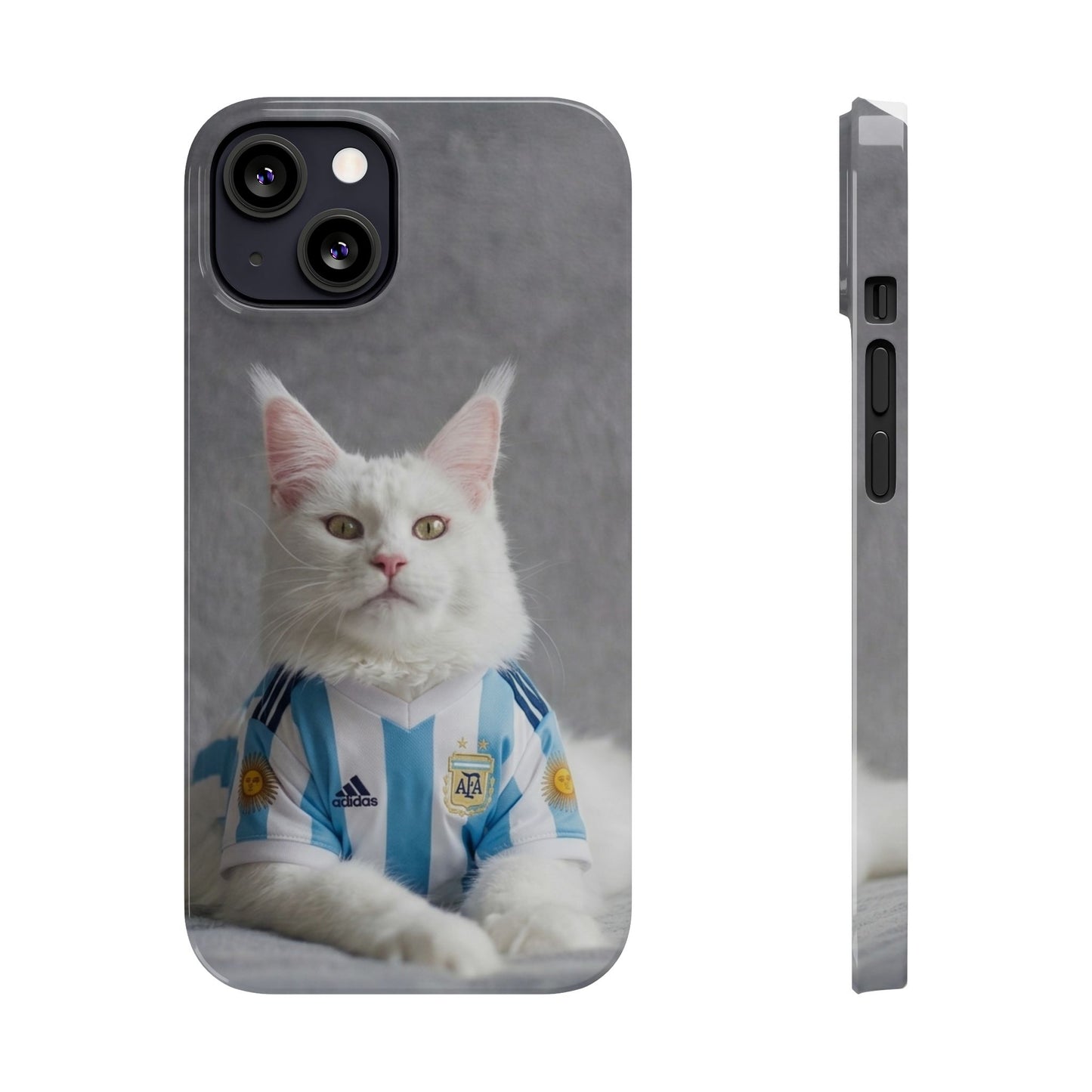White Cat in Argentina Soccer Jersey Slim Phone Case | Cute Pet Sports Design
