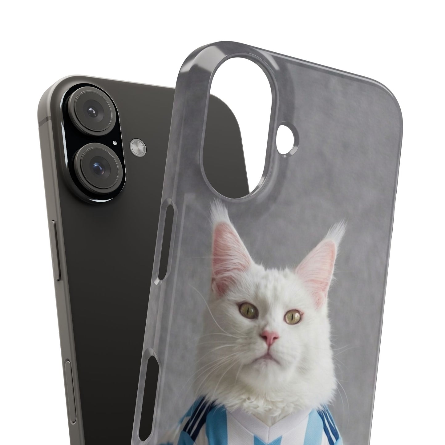 White Cat in Argentina Soccer Jersey Slim Phone Case | Cute Pet Sports Design