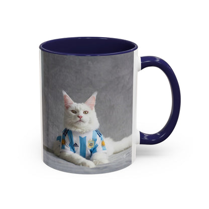 Cat in Argentina Soccer Jersey Mug, Funny White Cat Coffee Mug, Argentina Football Fan Gift, Cute Cat Lover Gift, Soccer Fan Ceramic Mug