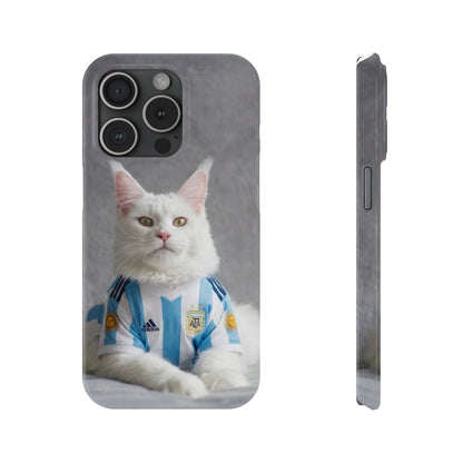 White Cat in Argentina Soccer Jersey Slim Phone Case | Cute Pet Sports Design