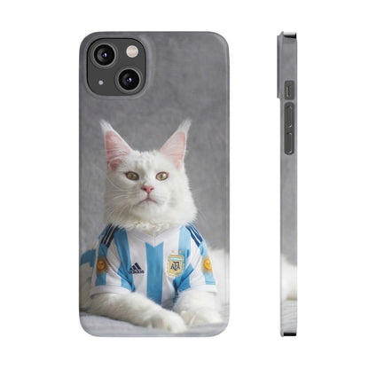 White Cat in Argentina Soccer Jersey Slim Phone Case | Cute Pet Sports Design