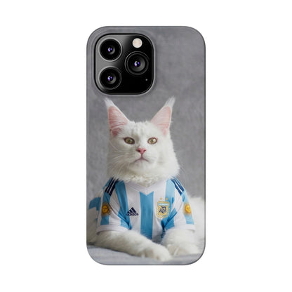 White Cat in Argentina Soccer Jersey Slim Phone Case | Cute Pet Sports Design