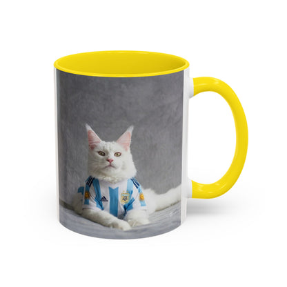 Cat in Argentina Soccer Jersey Mug, Funny White Cat Coffee Mug, Argentina Football Fan Gift, Cute Cat Lover Gift, Soccer Fan Ceramic Mug