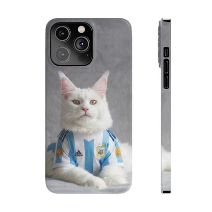 White Cat in Argentina Soccer Jersey Slim Phone Case | Cute Pet Sports Design
