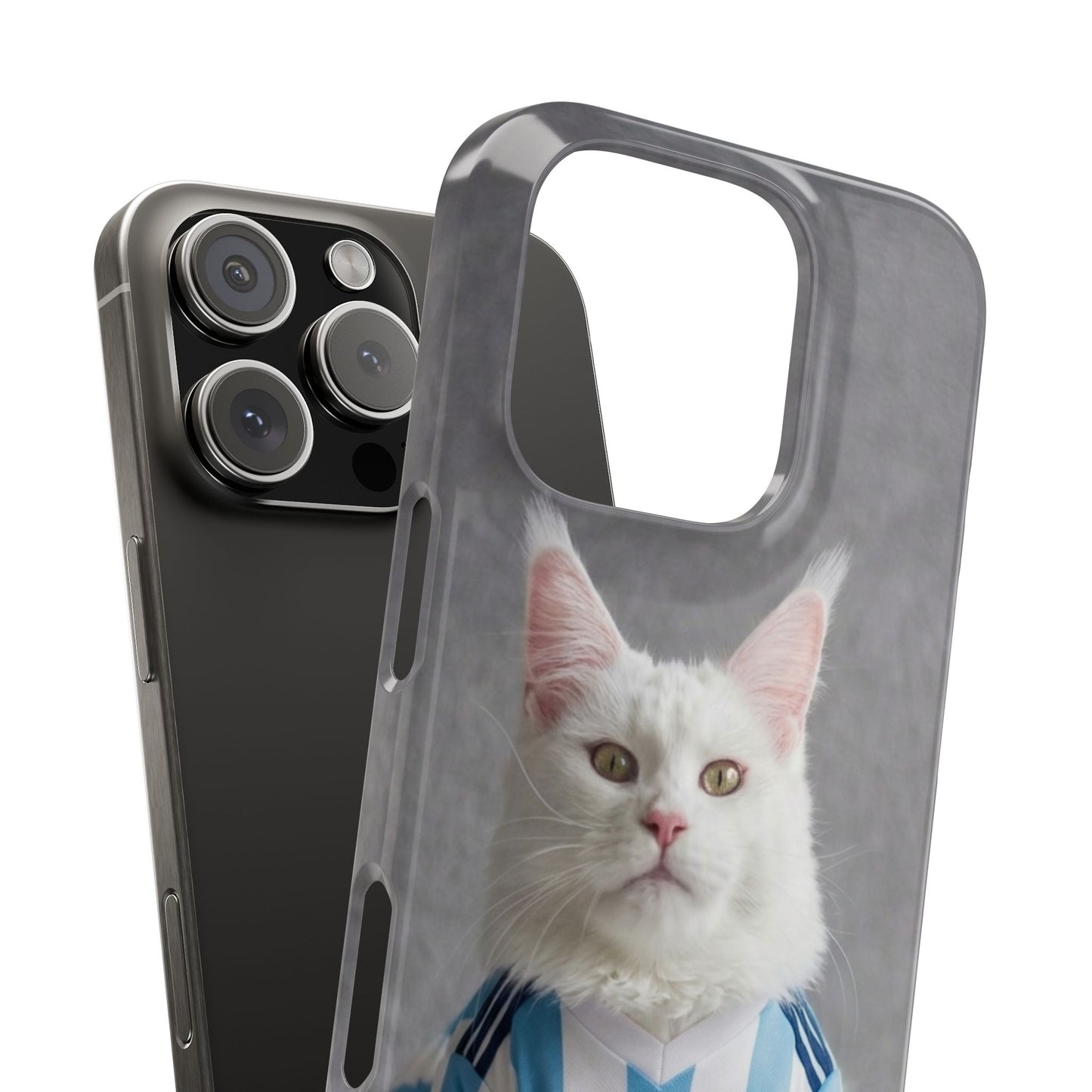 White Cat in Argentina Soccer Jersey Slim Phone Case | Cute Pet Sports Design