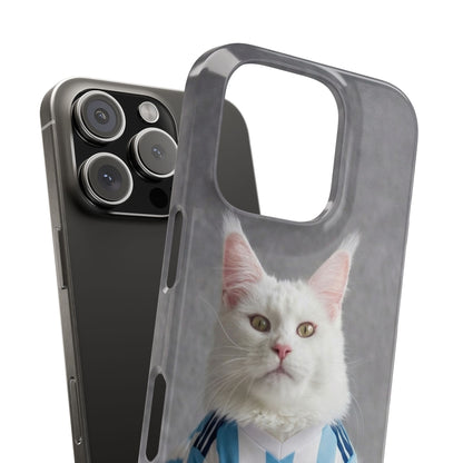 White Cat in Argentina Soccer Jersey Slim Phone Case | Cute Pet Sports Design