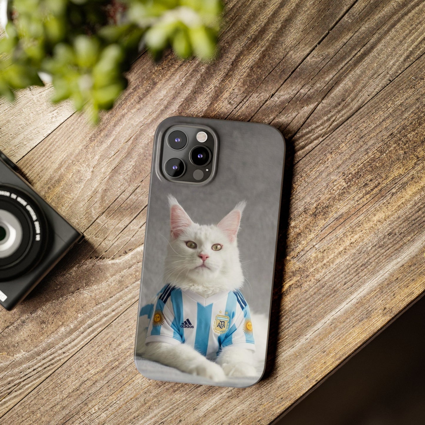 White Cat in Argentina Soccer Jersey Slim Phone Case | Cute Pet Sports Design