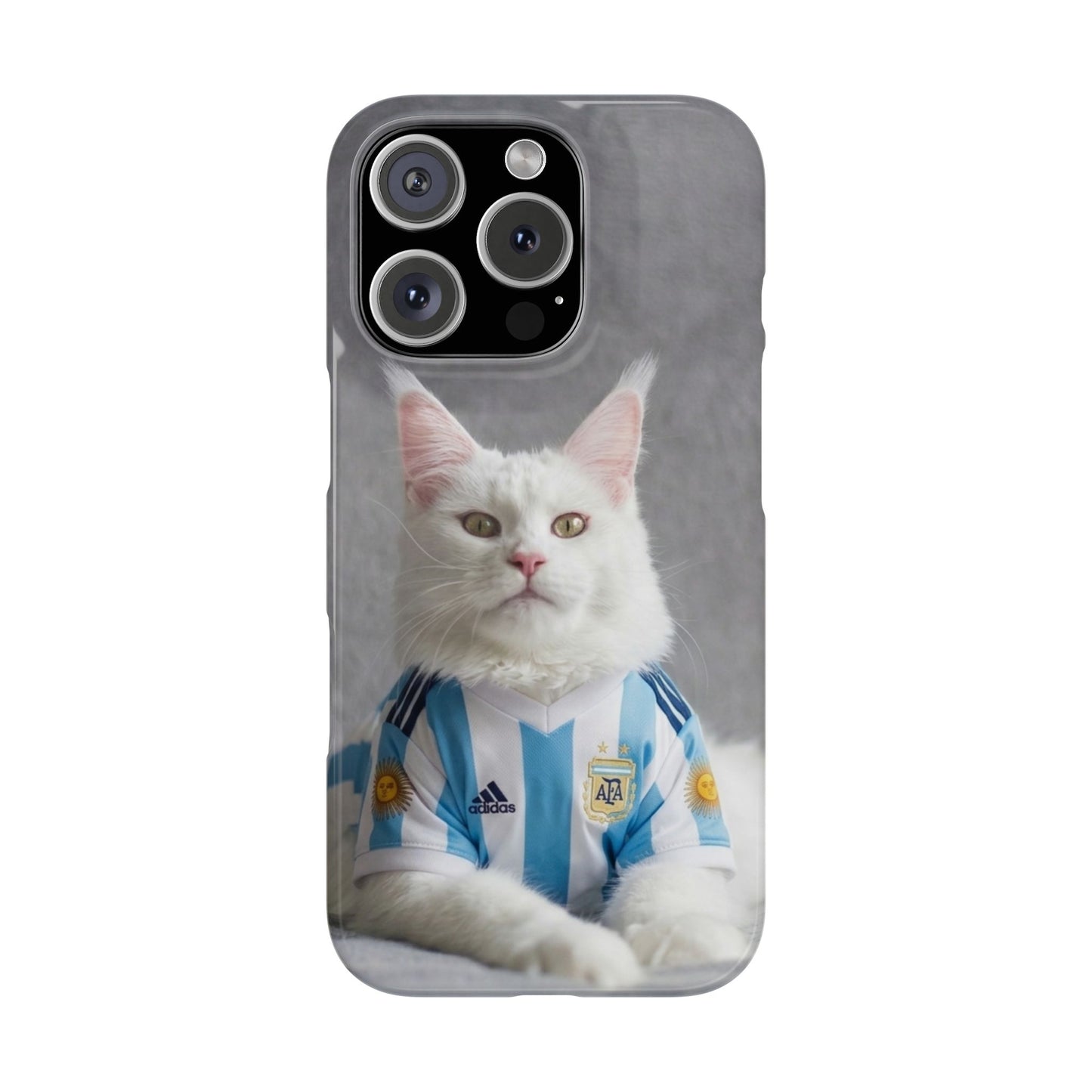 White Cat in Argentina Soccer Jersey Slim Phone Case | Cute Pet Sports Design