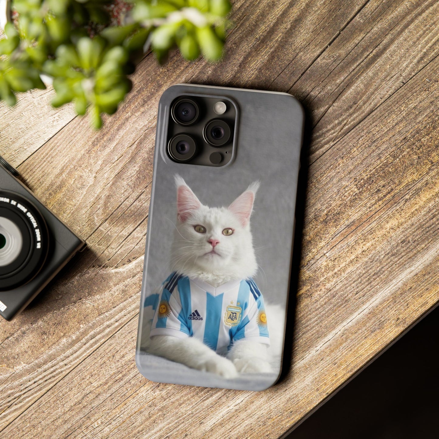 White Cat in Argentina Soccer Jersey Slim Phone Case | Cute Pet Sports Design