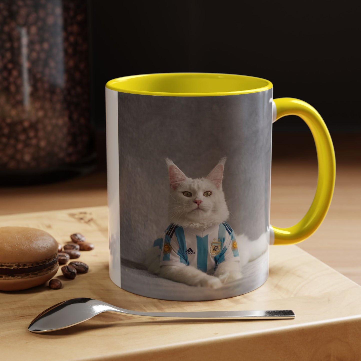 Cat in Argentina Soccer Jersey Mug, Funny White Cat Coffee Mug, Argentina Football Fan Gift, Cute Cat Lover Gift, Soccer Fan Ceramic Mug