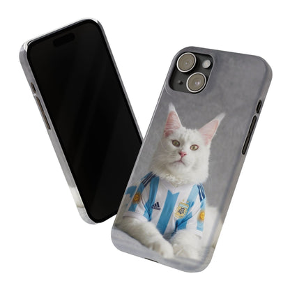 White Cat in Argentina Soccer Jersey Slim Phone Case | Cute Pet Sports Design