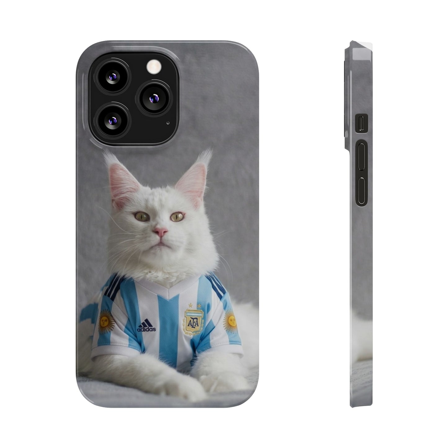 White Cat in Argentina Soccer Jersey Slim Phone Case | Cute Pet Sports Design