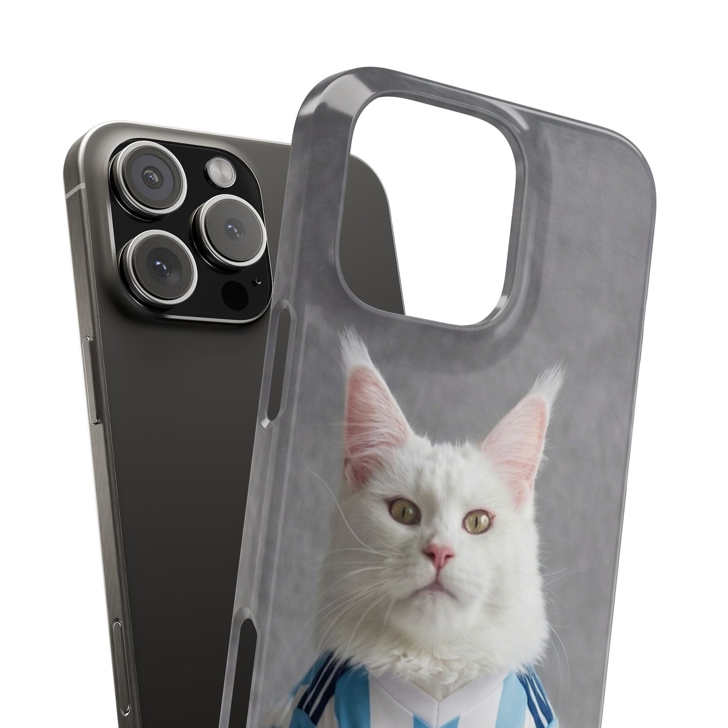 White Cat in Argentina Soccer Jersey Slim Phone Case | Cute Pet Sports Design