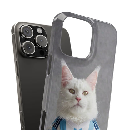 White Cat in Argentina Soccer Jersey Slim Phone Case | Cute Pet Sports Design