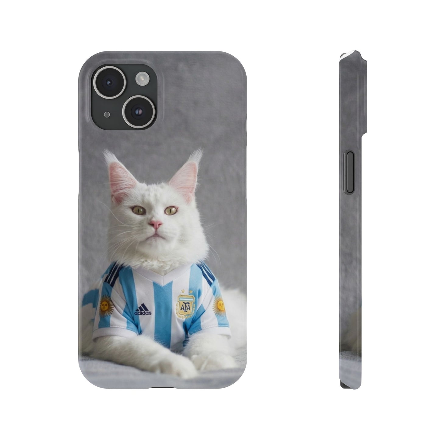 White Cat in Argentina Soccer Jersey Slim Phone Case | Cute Pet Sports Design