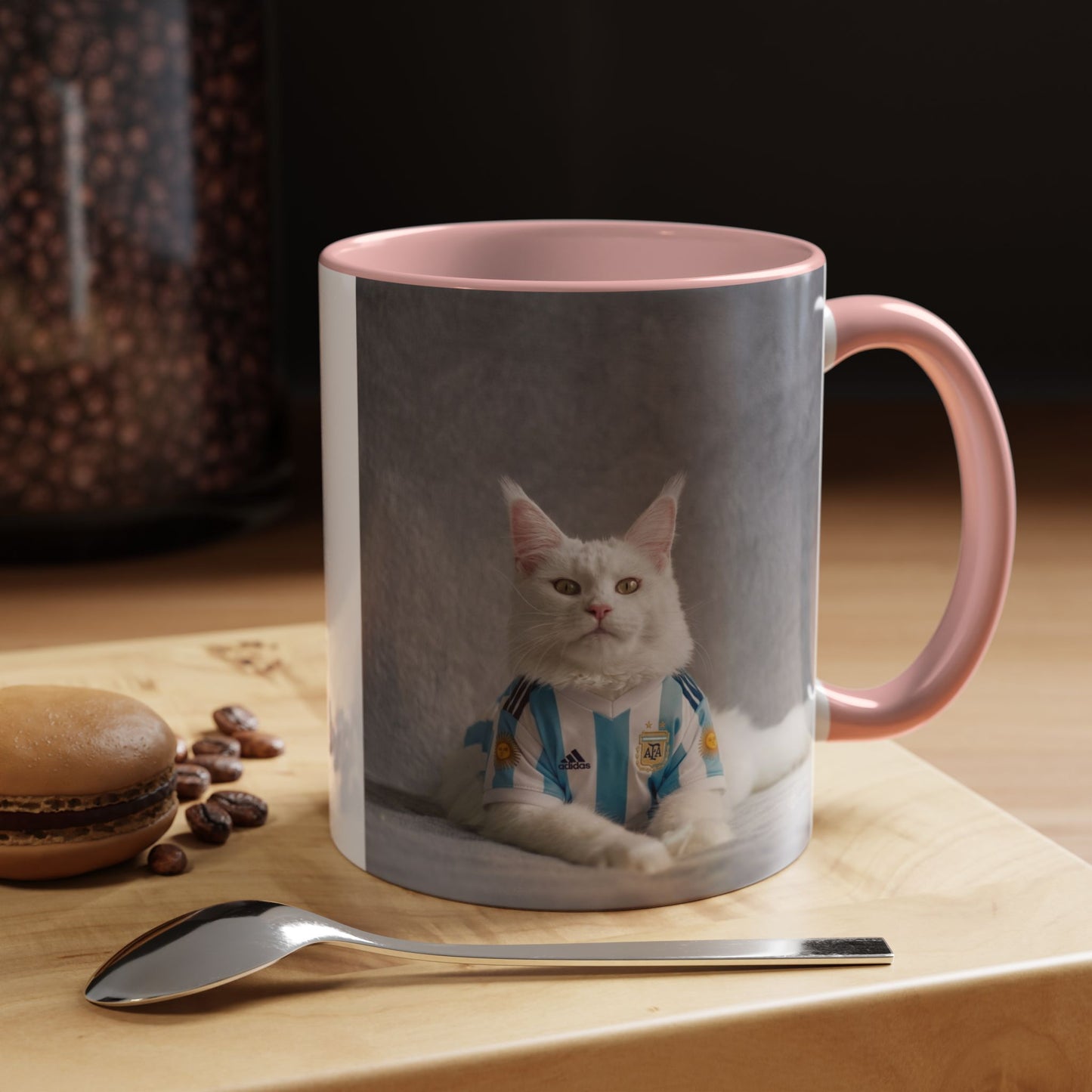 Cat in Argentina Soccer Jersey Mug, Funny White Cat Coffee Mug, Argentina Football Fan Gift, Cute Cat Lover Gift, Soccer Fan Ceramic Mug