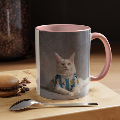 Cat in Argentina Soccer Jersey Mug, Funny White Cat Coffee Mug, Argentina Football Fan Gift, Cute Cat Lover Gift, Soccer Fan Ceramic Mug