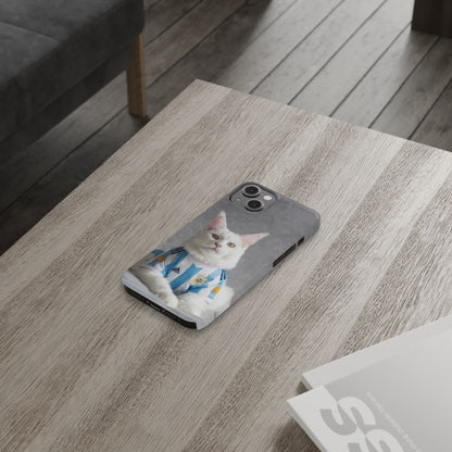 White Cat in Argentina Soccer Jersey Slim Phone Case | Cute Pet Sports Design