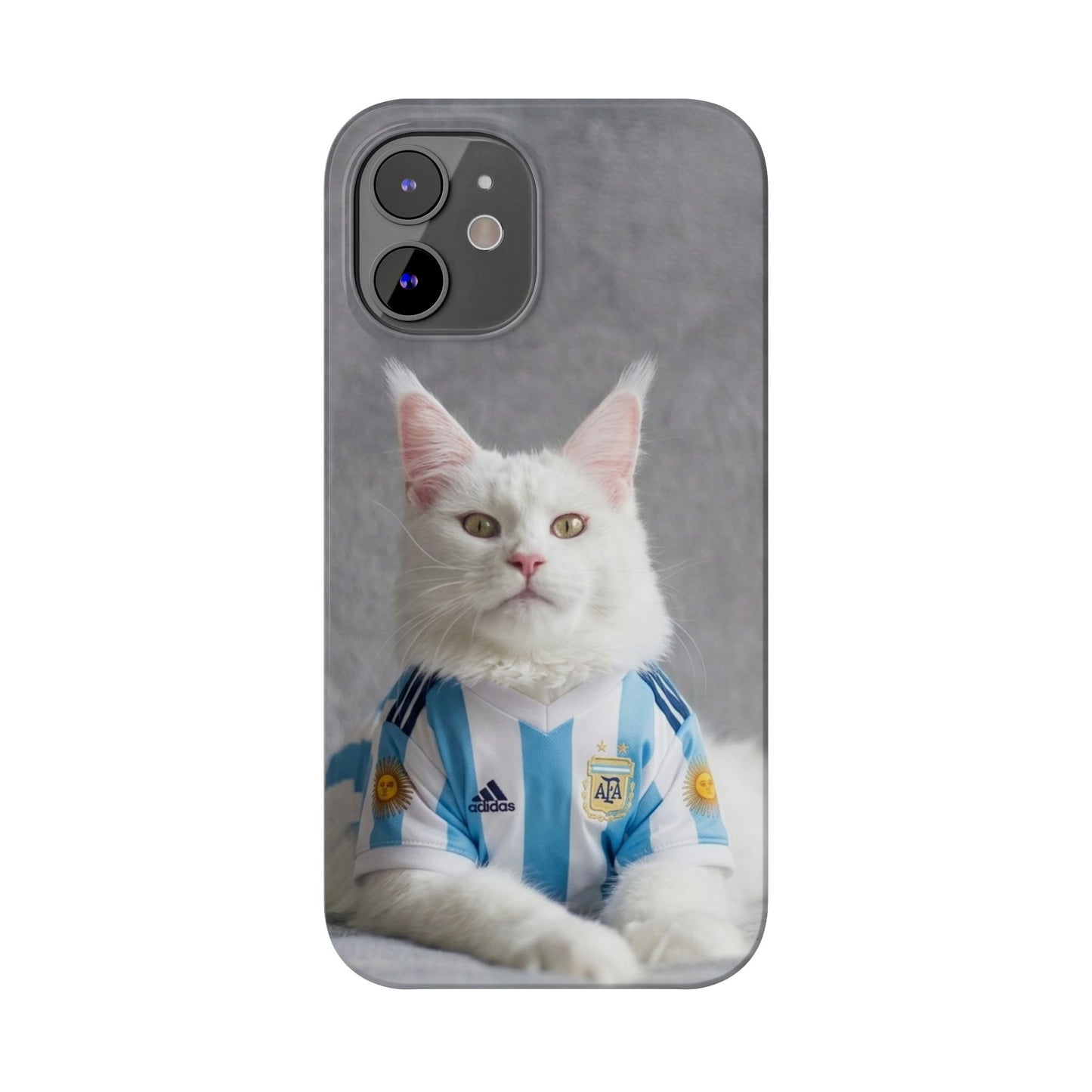 White Cat in Argentina Soccer Jersey Slim Phone Case | Cute Pet Sports Design