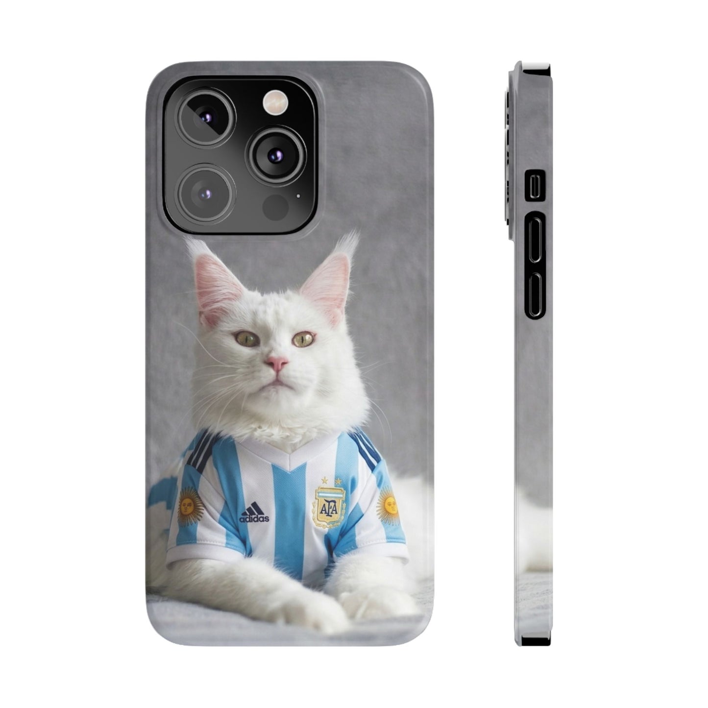 White Cat in Argentina Soccer Jersey Slim Phone Case | Cute Pet Sports Design