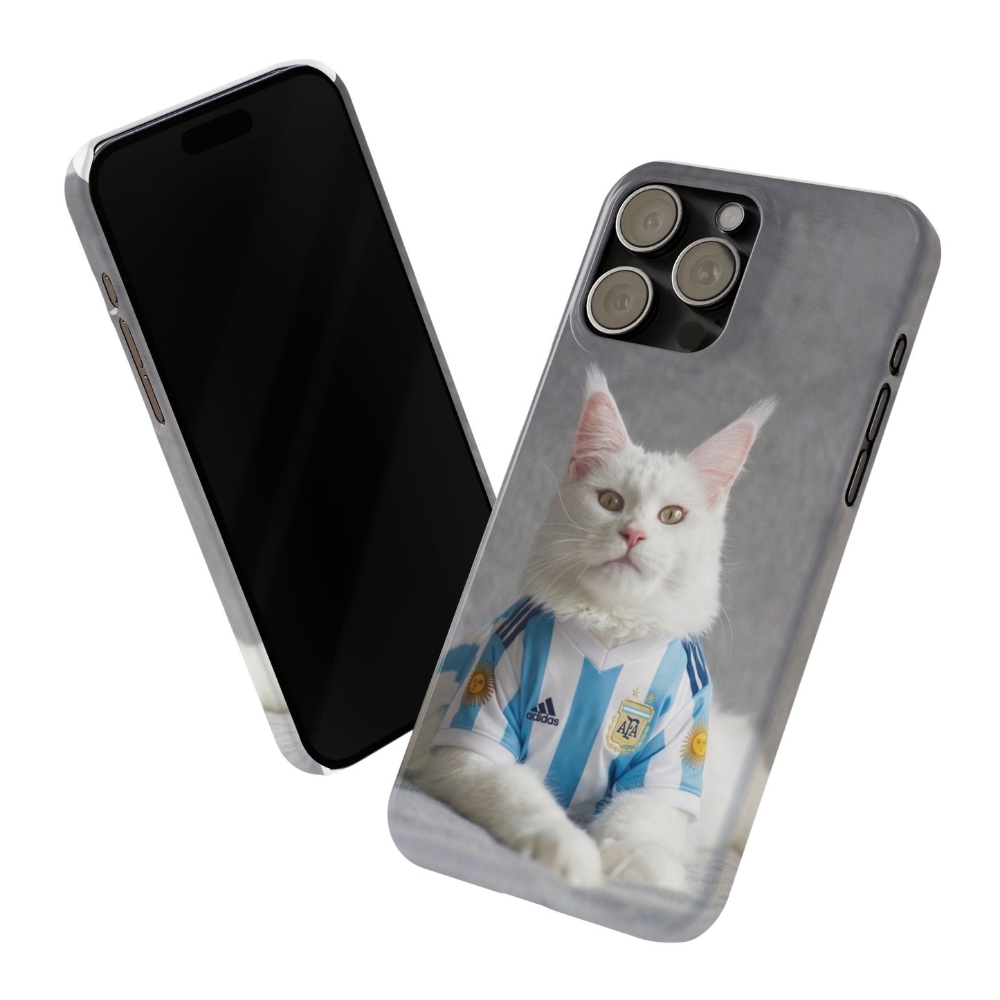 White Cat in Argentina Soccer Jersey Slim Phone Case | Cute Pet Sports Design