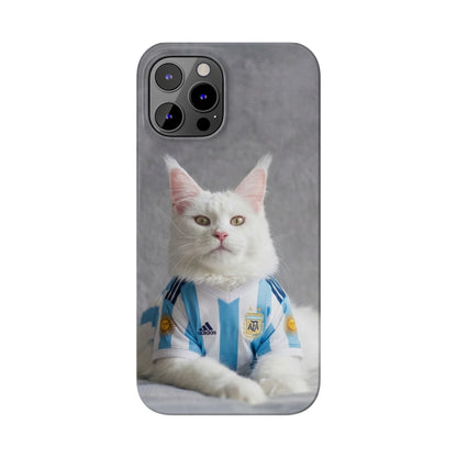 White Cat in Argentina Soccer Jersey Slim Phone Case | Cute Pet Sports Design