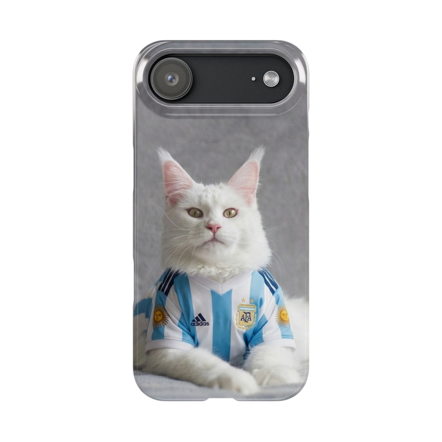 White Cat in Argentina Soccer Jersey Slim Phone Case | Cute Pet Sports Design