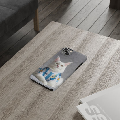 White Cat in Argentina Soccer Jersey Slim Phone Case | Cute Pet Sports Design