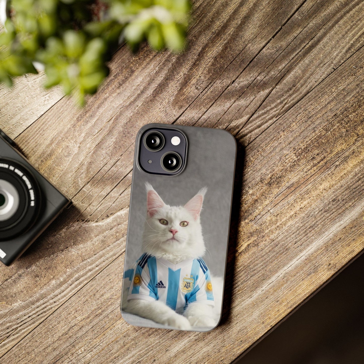 White Cat in Argentina Soccer Jersey Slim Phone Case | Cute Pet Sports Design