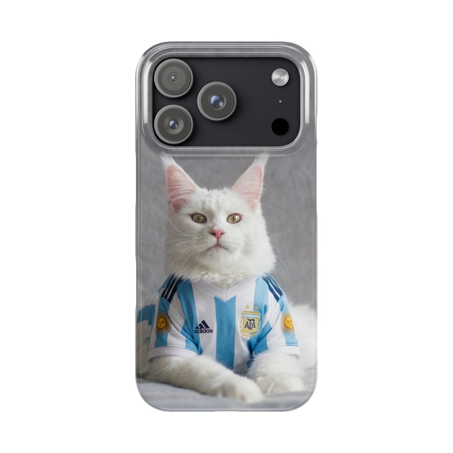 White Cat in Argentina Soccer Jersey Slim Phone Case | Cute Pet Sports Design