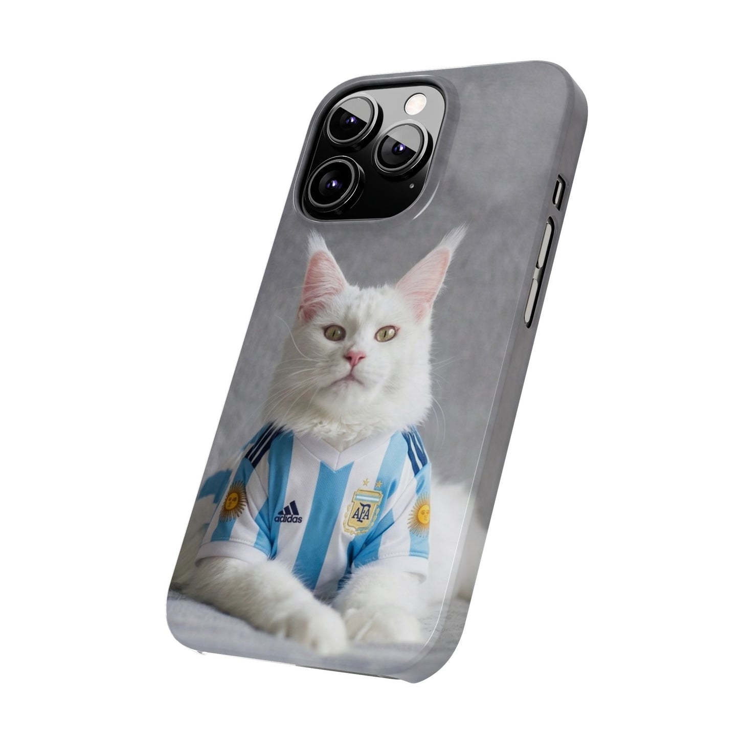 White Cat in Argentina Soccer Jersey Slim Phone Case | Cute Pet Sports Design