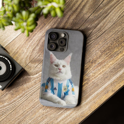 White Cat in Argentina Soccer Jersey Slim Phone Case | Cute Pet Sports Design