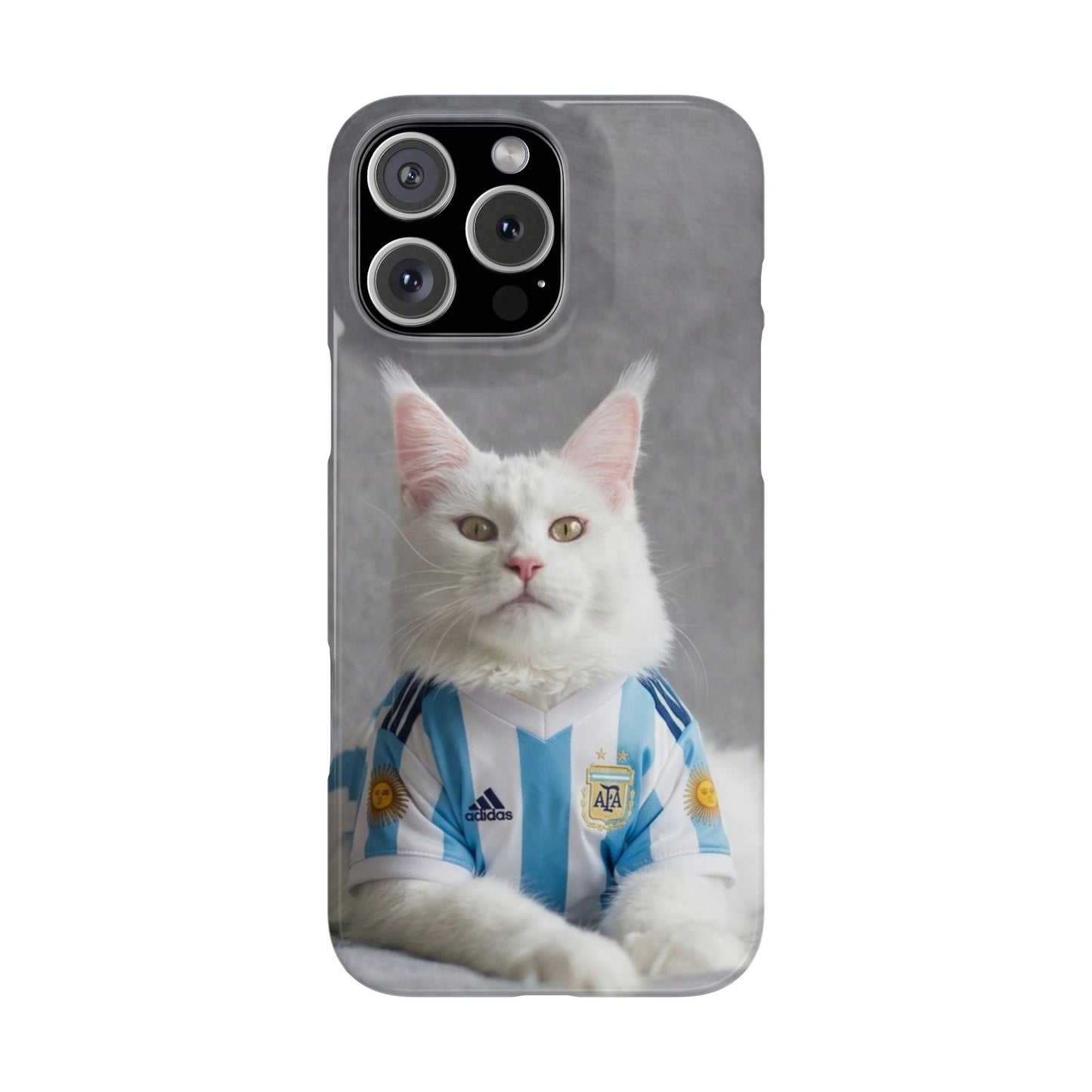 White Cat in Argentina Soccer Jersey Slim Phone Case | Cute Pet Sports Design
