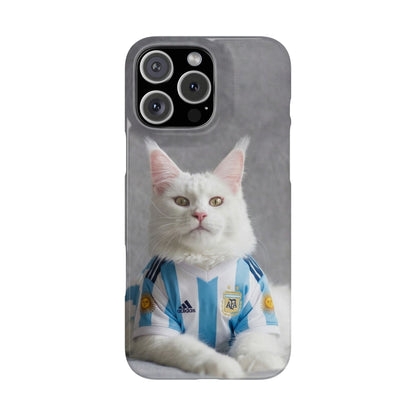 White Cat in Argentina Soccer Jersey Slim Phone Case | Cute Pet Sports Design