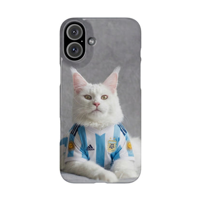 White Cat in Argentina Soccer Jersey Slim Phone Case | Cute Pet Sports Design