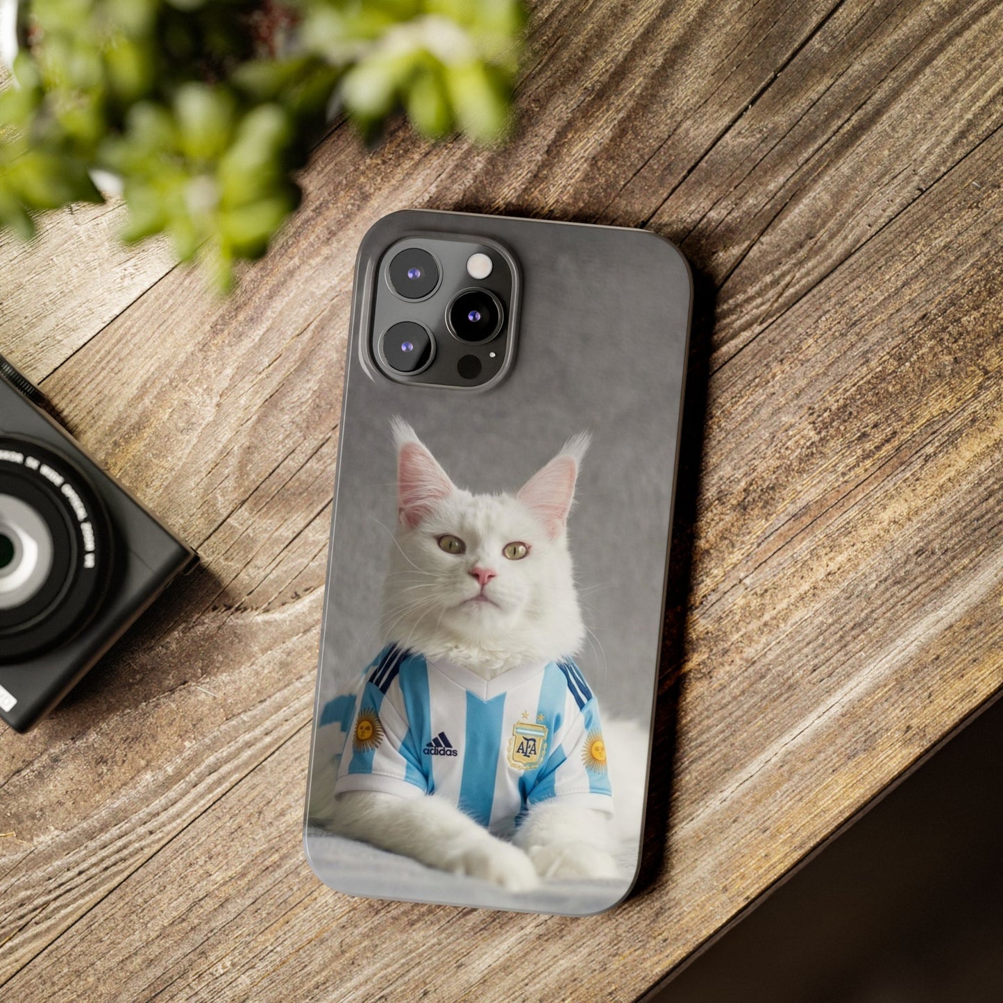 White Cat in Argentina Soccer Jersey Slim Phone Case | Cute Pet Sports Design
