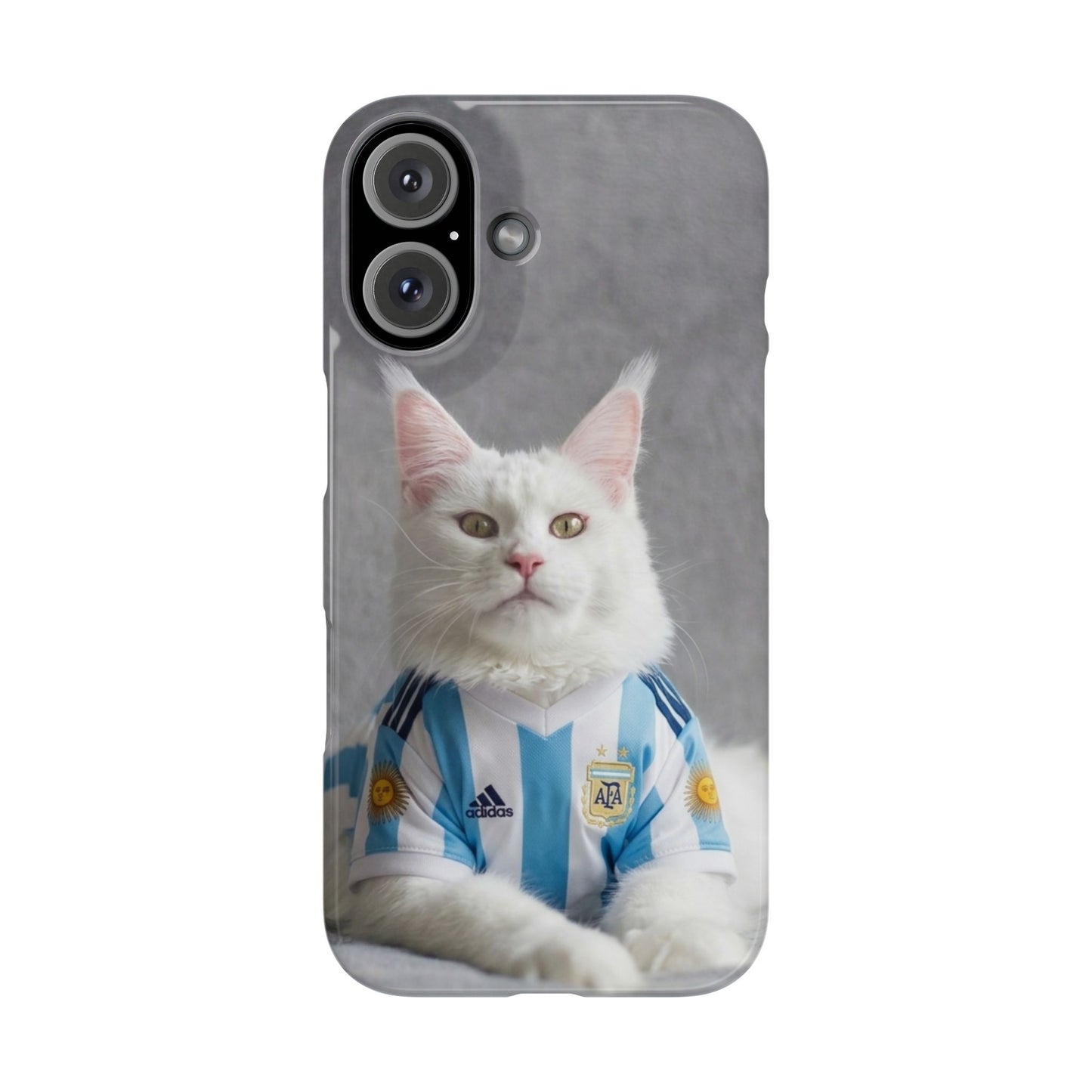 White Cat in Argentina Soccer Jersey Slim Phone Case | Cute Pet Sports Design
