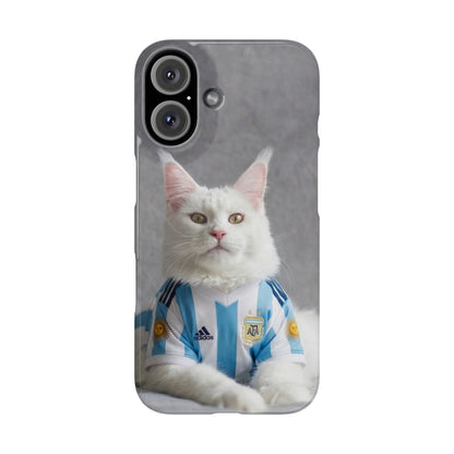 White Cat in Argentina Soccer Jersey Slim Phone Case | Cute Pet Sports Design
