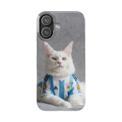 White Cat in Argentina Soccer Jersey Slim Phone Case | Cute Pet Sports Design
