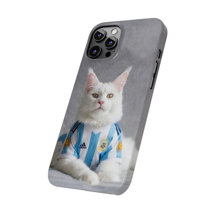 White Cat in Argentina Soccer Jersey Slim Phone Case | Cute Pet Sports Design