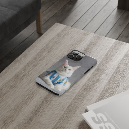 White Cat in Argentina Soccer Jersey Slim Phone Case | Cute Pet Sports Design