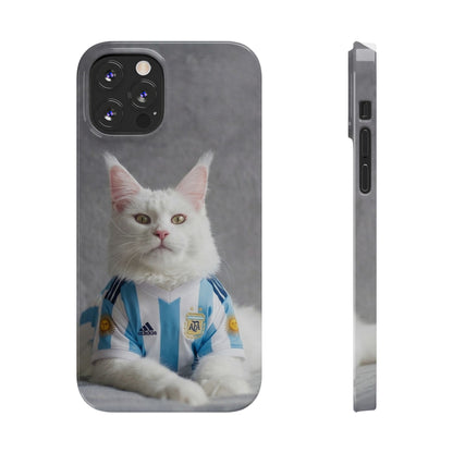 White Cat in Argentina Soccer Jersey Slim Phone Case | Cute Pet Sports Design