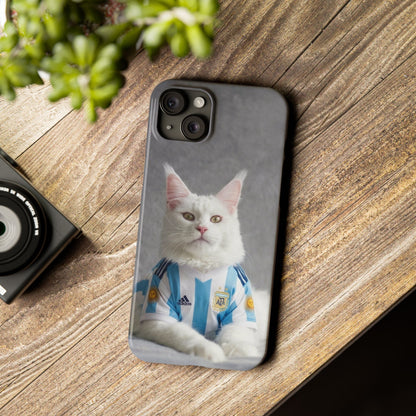 White Cat in Argentina Soccer Jersey Slim Phone Case | Cute Pet Sports Design