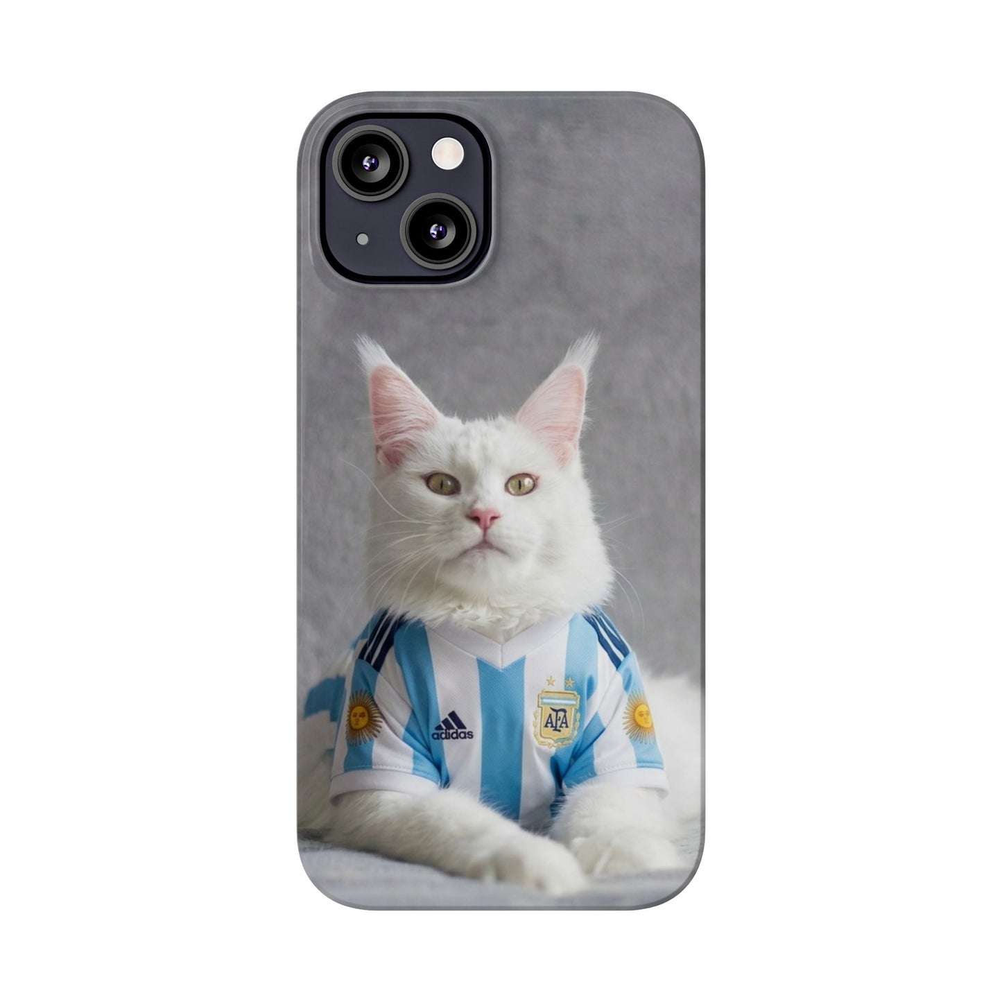 White Cat in Argentina Soccer Jersey Slim Phone Case | Cute Pet Sports Design