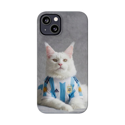 White Cat in Argentina Soccer Jersey Slim Phone Case | Cute Pet Sports Design