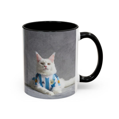 Cat in Argentina Soccer Jersey Mug, Funny White Cat Coffee Mug, Argentina Football Fan Gift, Cute Cat Lover Gift, Soccer Fan Ceramic Mug