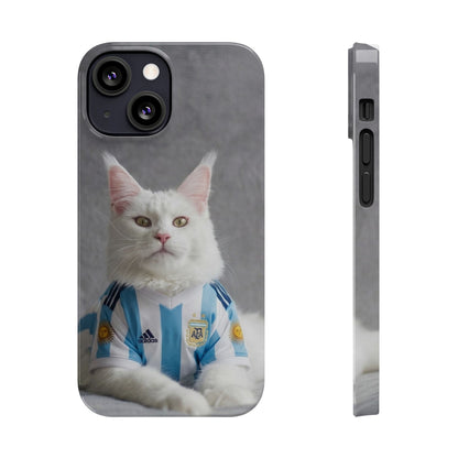 White Cat in Argentina Soccer Jersey Slim Phone Case | Cute Pet Sports Design