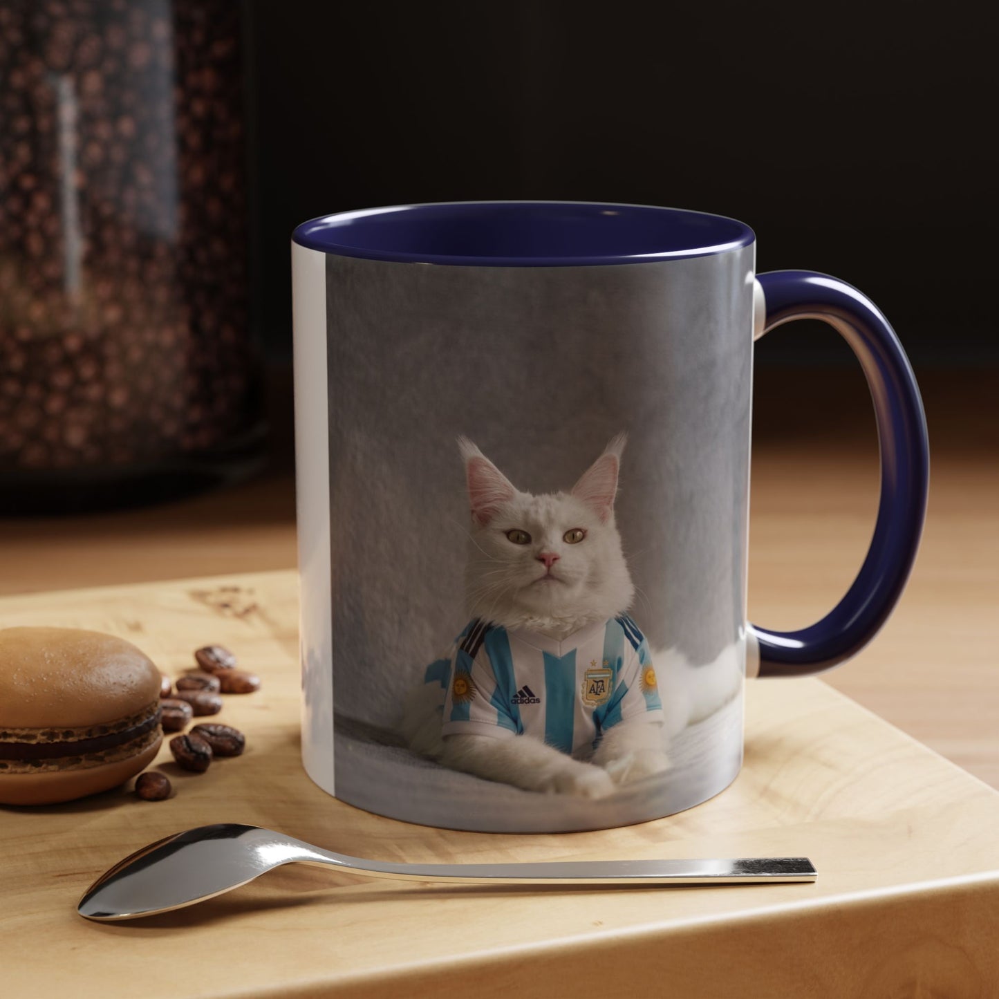 Cat in Argentina Soccer Jersey Mug, Funny White Cat Coffee Mug, Argentina Football Fan Gift, Cute Cat Lover Gift, Soccer Fan Ceramic Mug